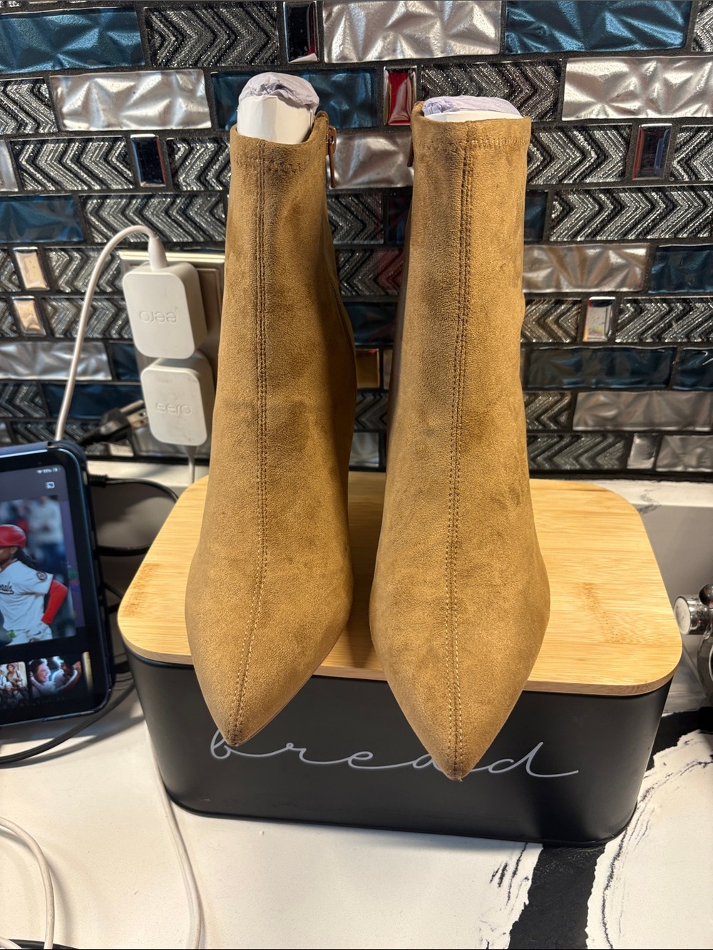 Shoe Dazzle Cognac Suede Pointed Toe Ankle Booties